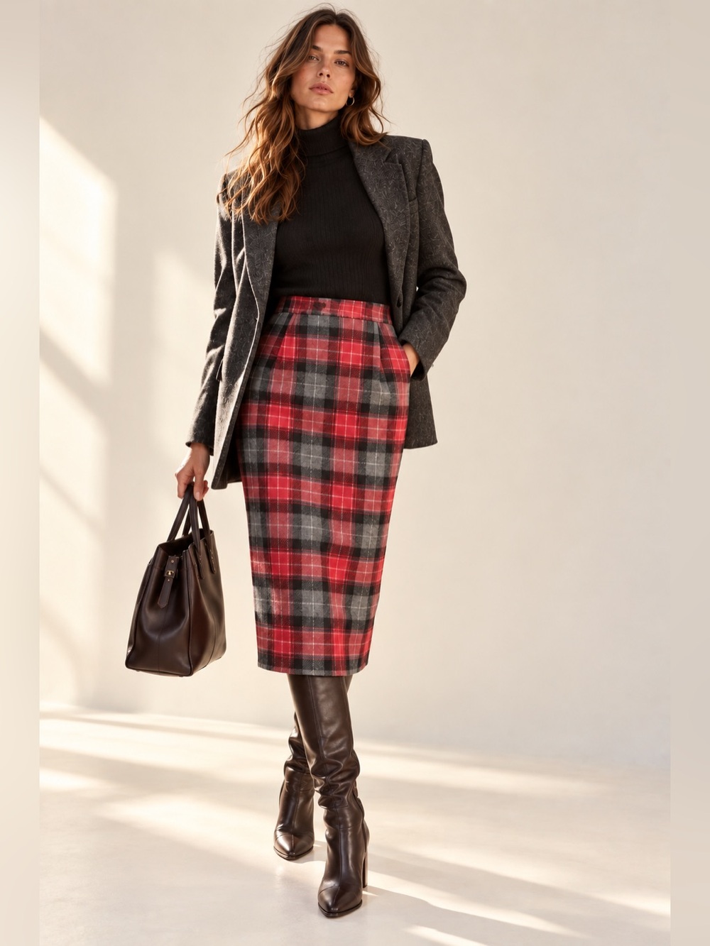 Vintage Red and Black Plaid Pencil Skirt Wool DarkAcademia Goth Grungy Sz L